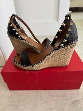 Valentino Black Leather Rockstud Espadrille Wedges